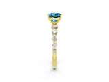 Yellow gold Cushion Cut Solitaire Blue Topaz Ring with Pave Band and Four-Prong Setting_2