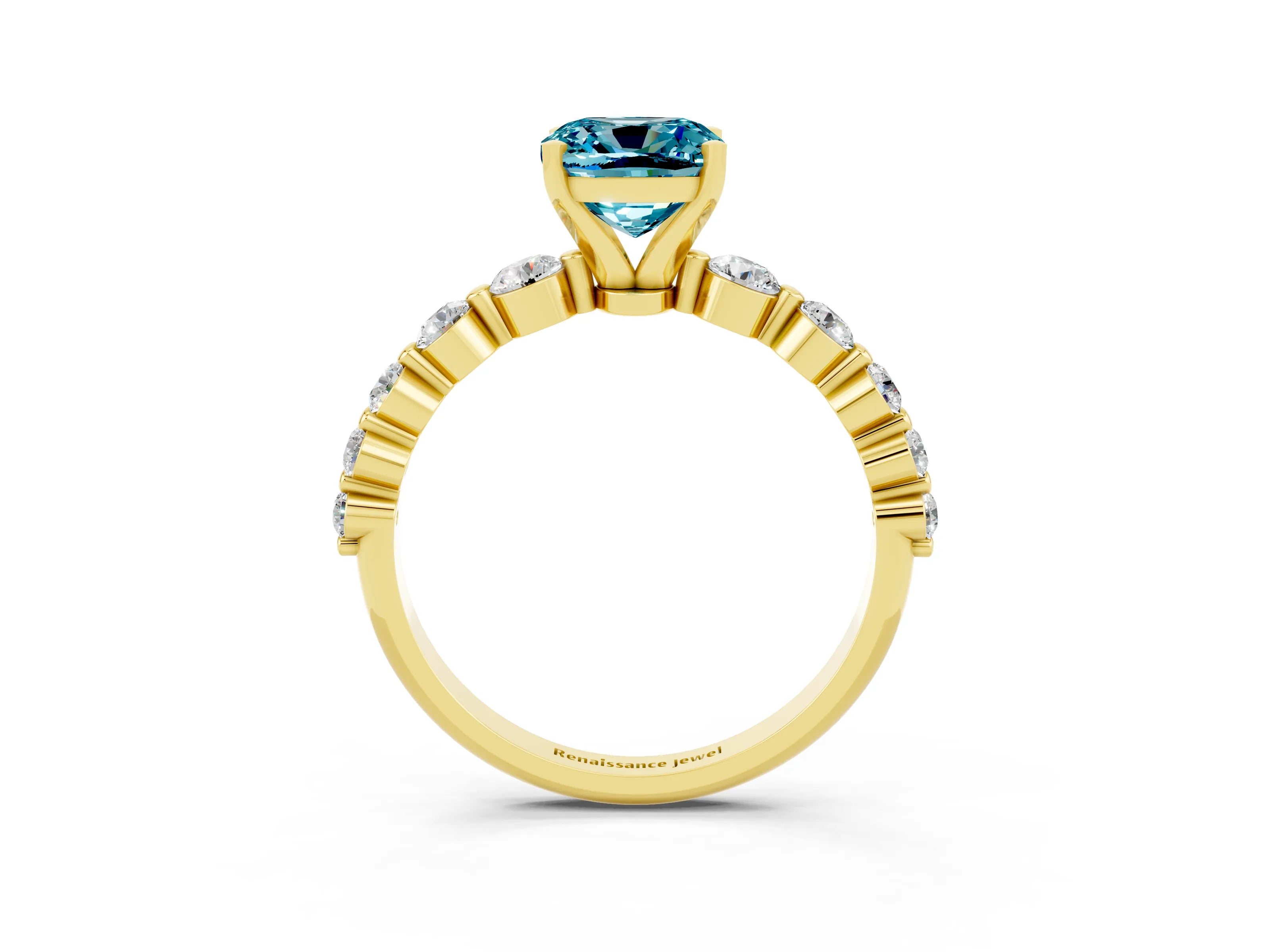 Yellow gold Cushion Cut Solitaire Blue Topaz Ring with Pave Band and Four-Prong Setting_3