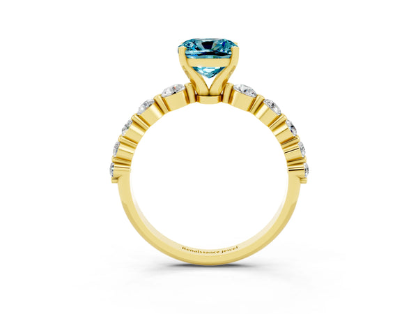 Yellow gold Cushion Cut Solitaire Blue Topaz Ring with Pave Band and Four-Prong Setting