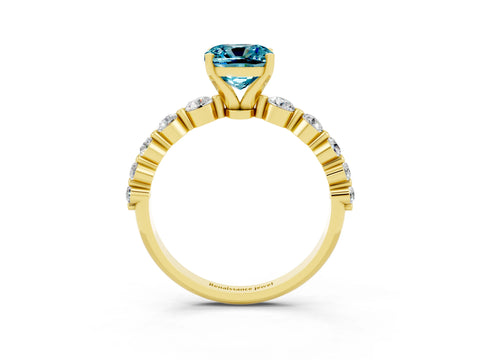 Yellow gold Cushion Cut Solitaire Blue Topaz Ring with Pave Band and Four-Prong Setting_3