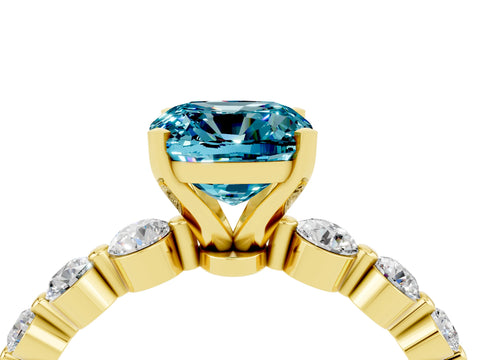Yellow gold Cushion Cut Solitaire Blue Topaz Ring with Pave Band and Four-Prong Setting_4
