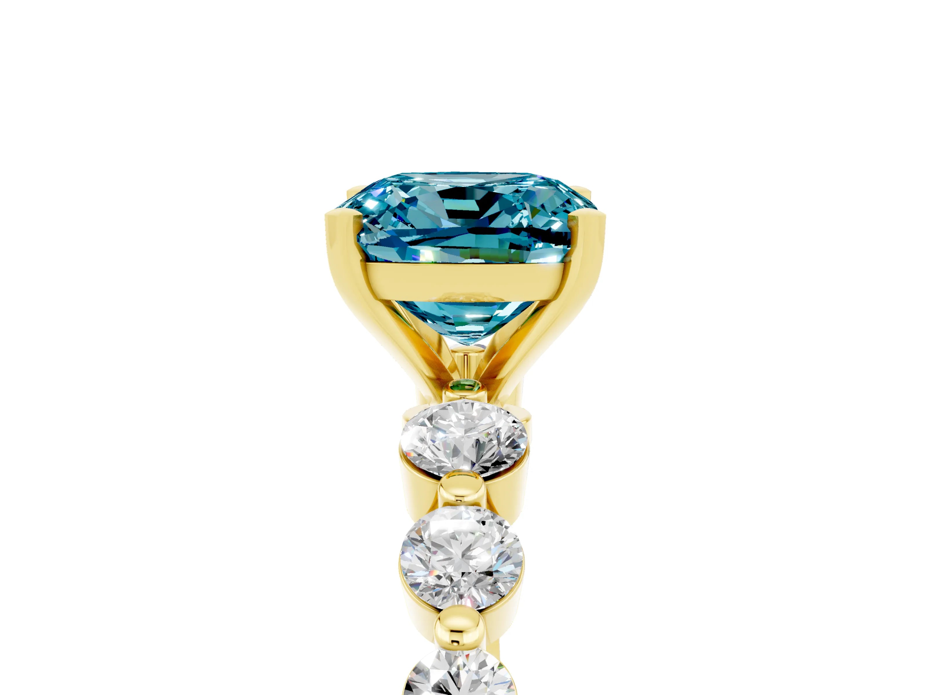 Yellow gold Cushion Cut Solitaire Blue Topaz Ring with Pave Band and Four-Prong Setting_5