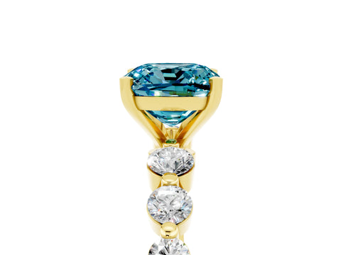 Yellow gold Cushion Cut Solitaire Blue Topaz Ring with Pave Band and Four-Prong Setting_5