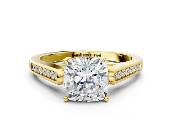 Yellow Gold Cushion Cut Cathedral Solitaire Engagement Ring Setting with Channel Set Band