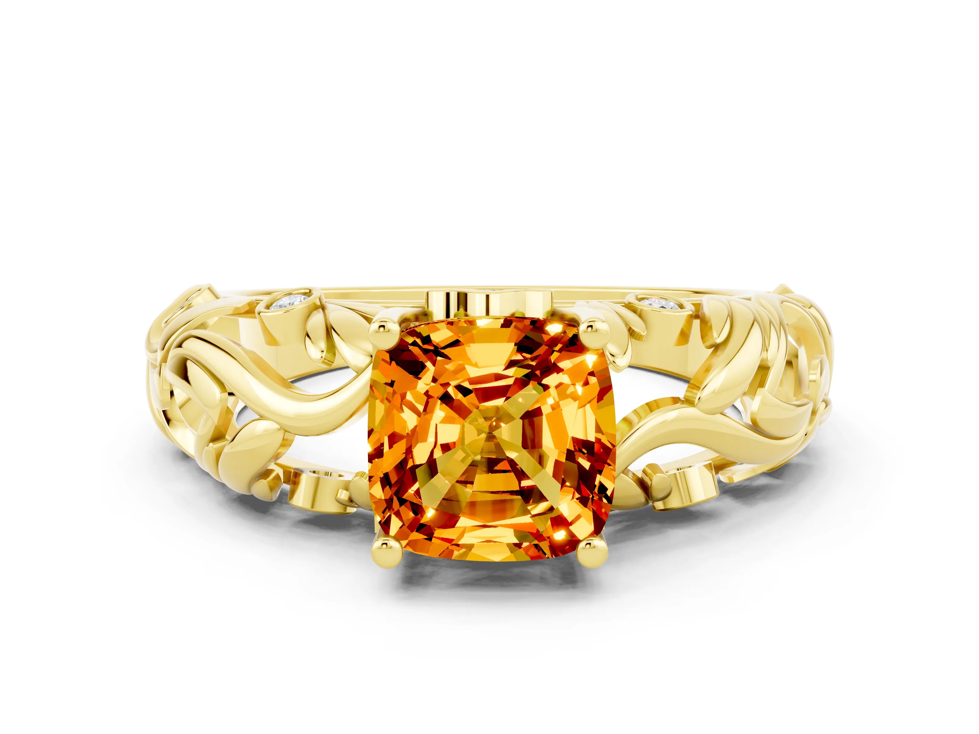 Yellow gold Cushion Cut Solitaire Citrine Leaf-Inspired Vine Band Ring with Prong Setting