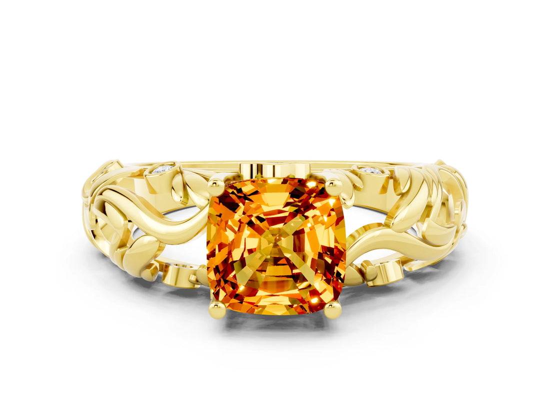 Yellow gold Cushion Cut Solitaire Citrine Leaf-Inspired Vine Band Ring with Prong Setting