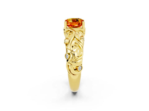 Yellow gold Cushion Cut Solitaire Citrine Leaf-Inspired Vine Band Ring with Prong Setting_2