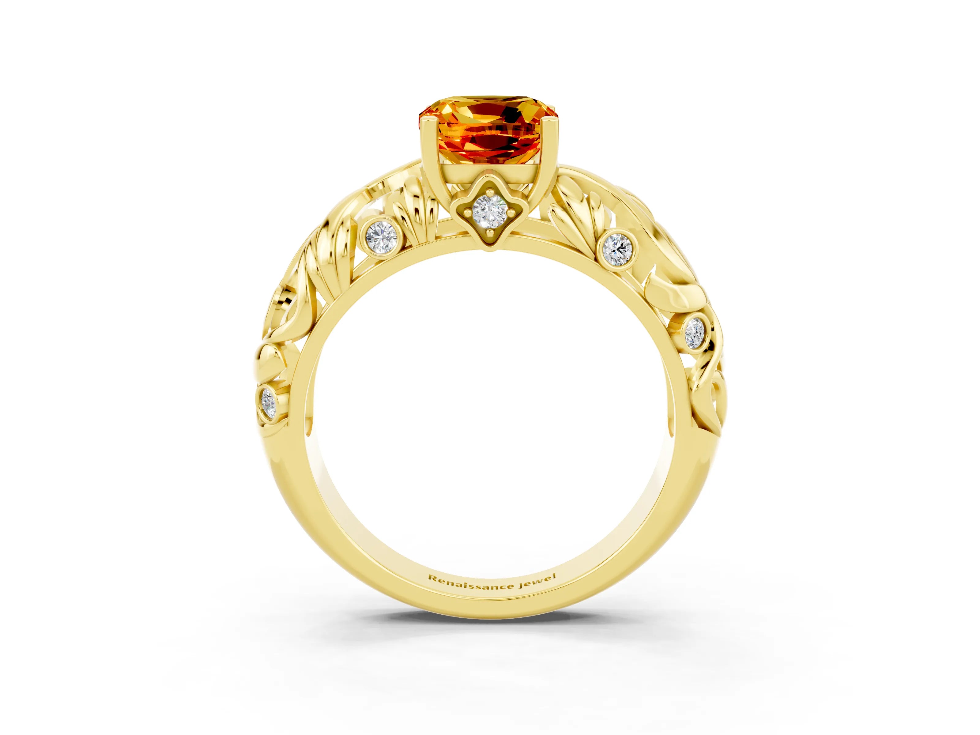Yellow gold Cushion Cut Solitaire Citrine Leaf-Inspired Vine Band Ring with Prong Setting_3