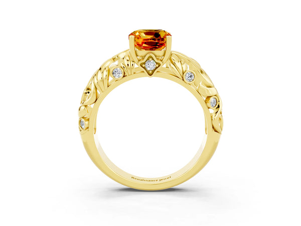 Yellow gold Cushion Cut Solitaire Citrine Leaf-Inspired Vine Band Ring with Prong Setting