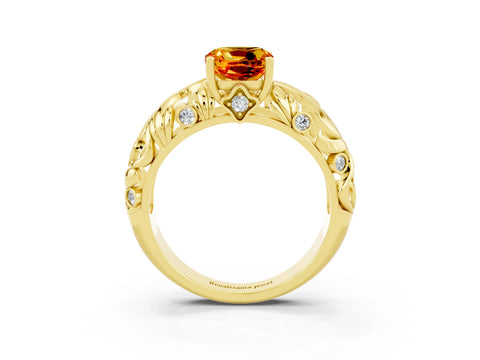 Yellow gold Cushion Cut Solitaire Citrine Leaf-Inspired Vine Band Ring with Prong Setting_3