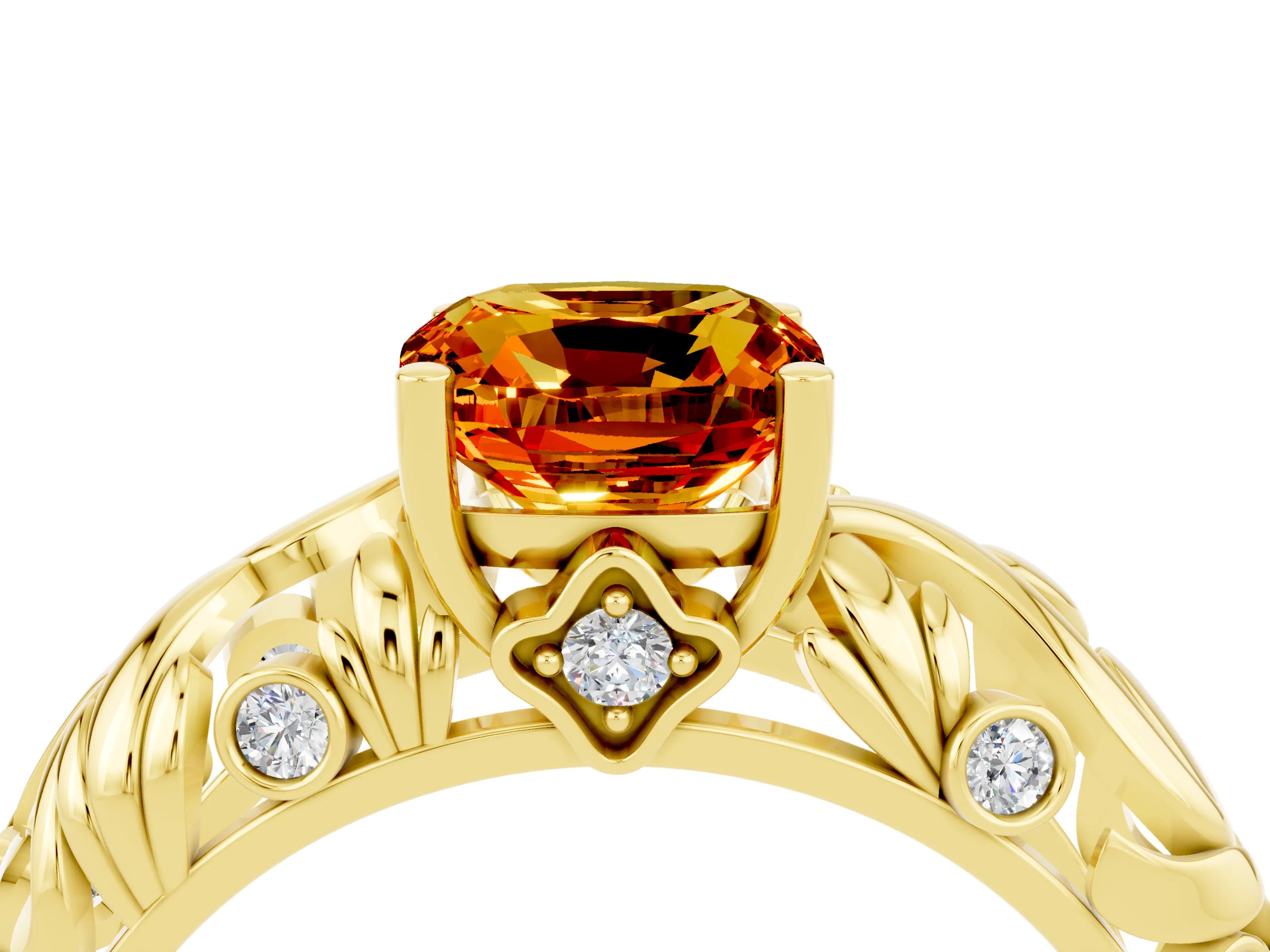 Yellow gold Cushion Cut Solitaire Citrine Leaf-Inspired Vine Band Ring with Prong Setting_4