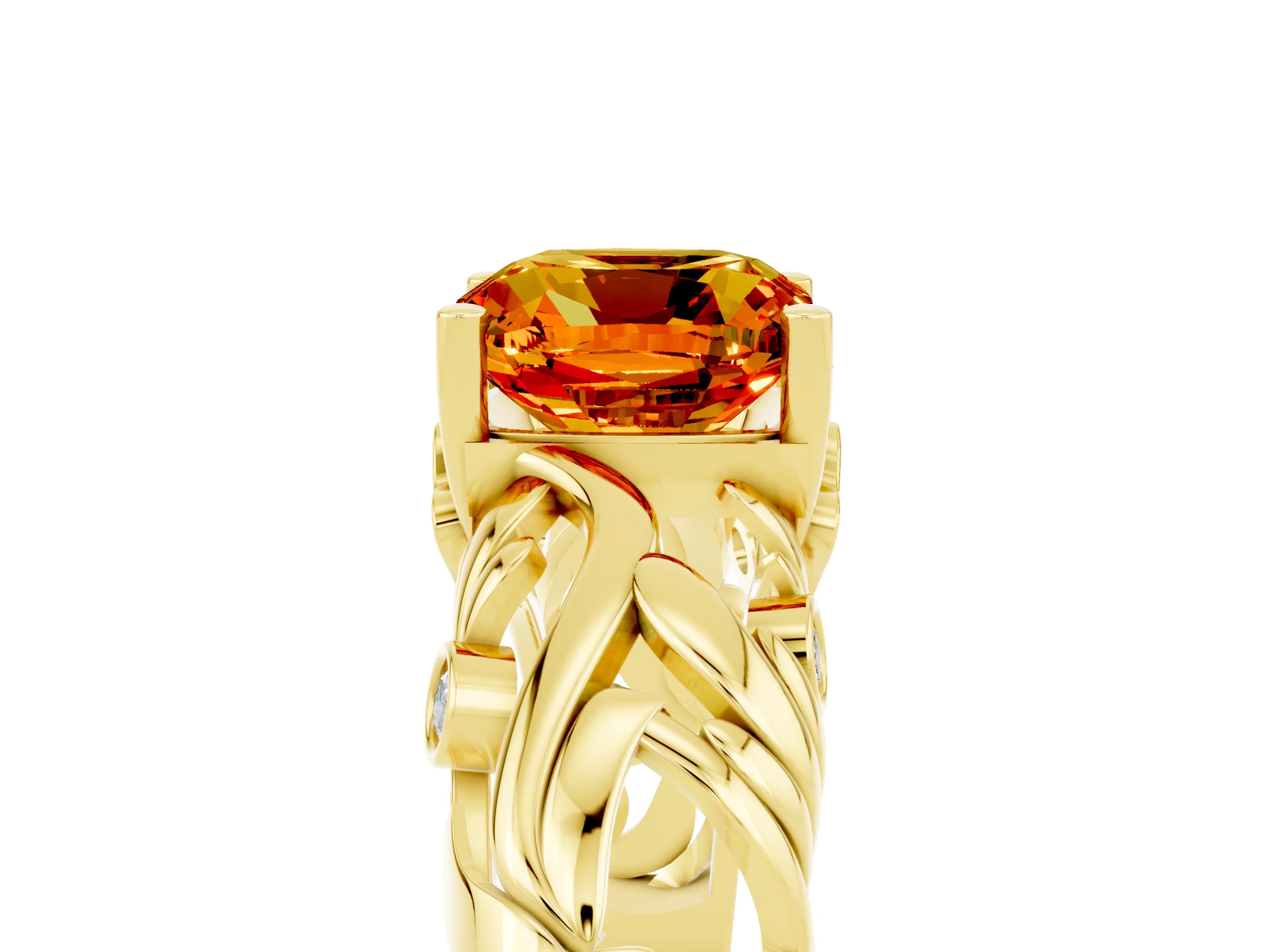 Yellow gold Cushion Cut Solitaire Citrine Leaf-Inspired Vine Band Ring with Prong Setting_5