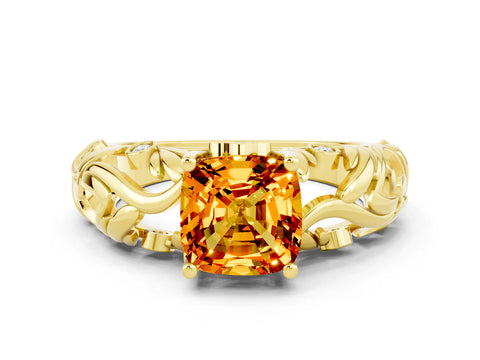 Yellow gold Cushion Cut Solitaire Citrine Leaf-Inspired Vine Band Ring with Prong Setting