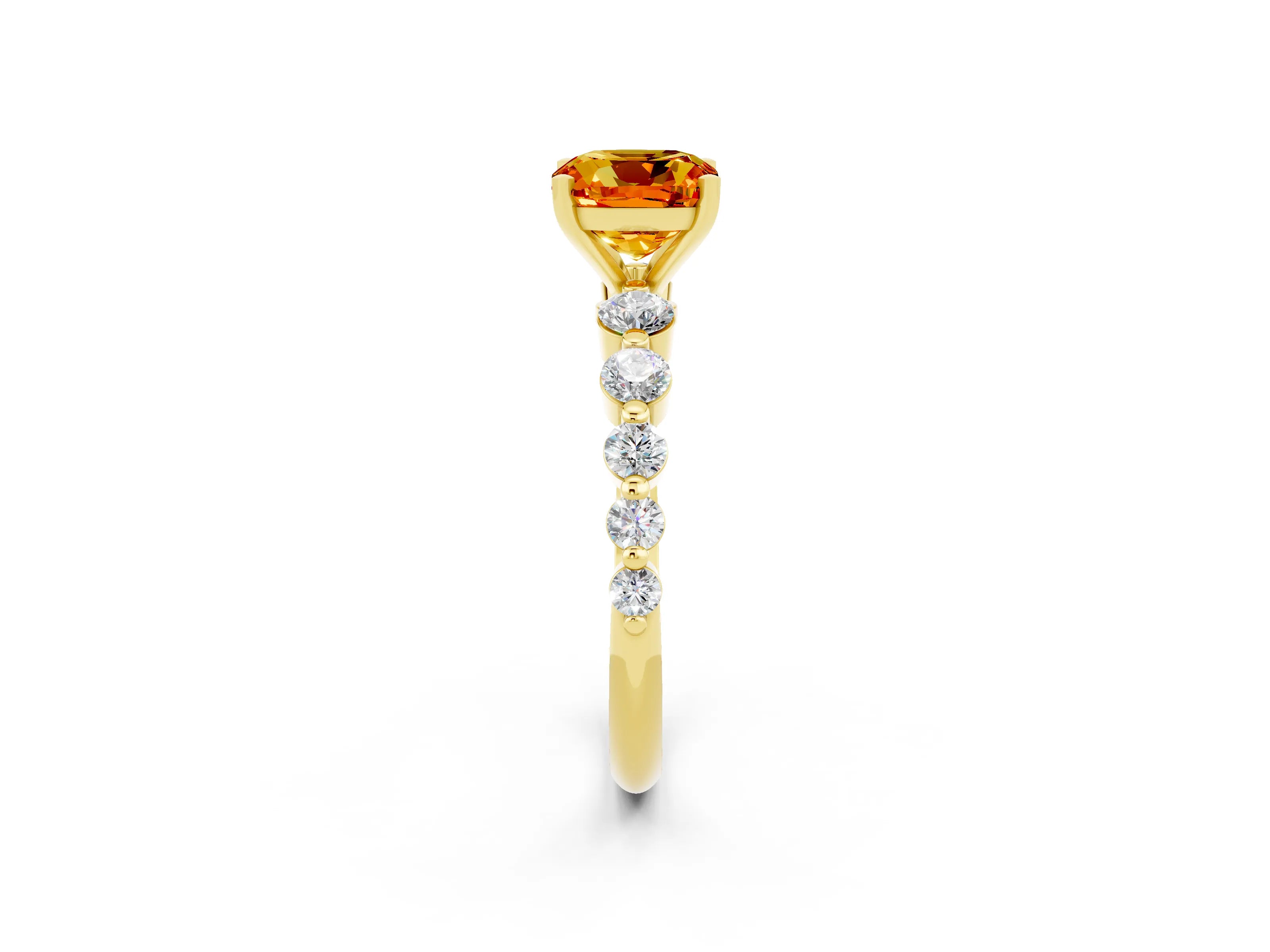 Yellow gold Cushion Cut Solitaire Citrine Ring with Pave Band and Four-Prong Setting_2