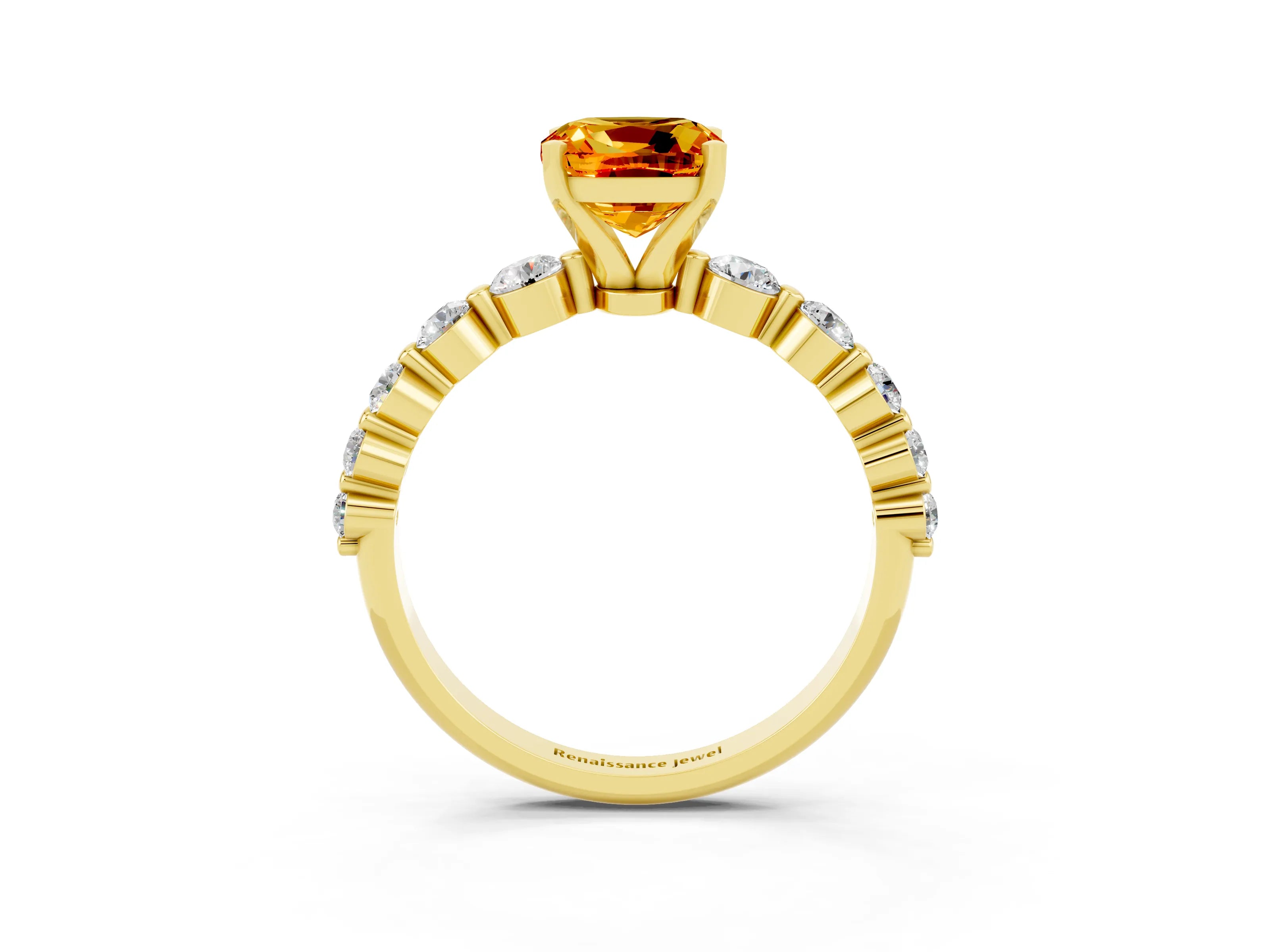 Yellow gold Cushion Cut Solitaire Citrine Ring with Pave Band and Four-Prong Setting_3
