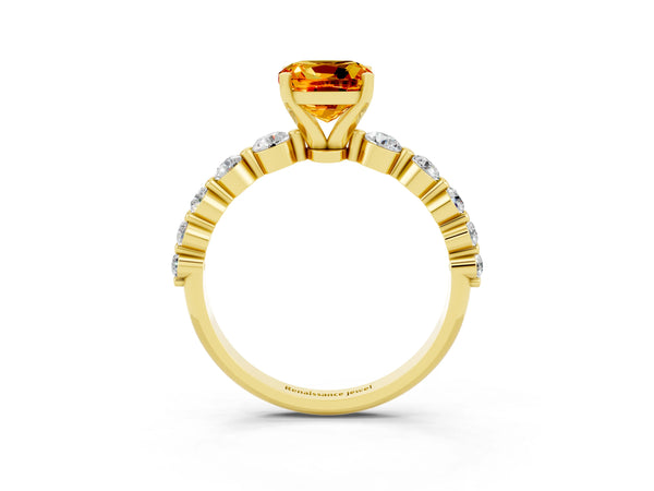 Yellow gold Cushion Cut Solitaire Citrine Ring with Pave Band and Four-Prong Setting