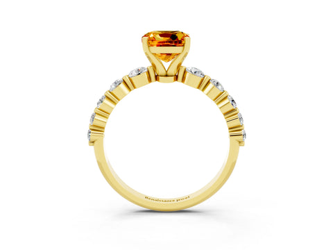 Yellow gold Cushion Cut Solitaire Citrine Ring with Pave Band and Four-Prong Setting_3
