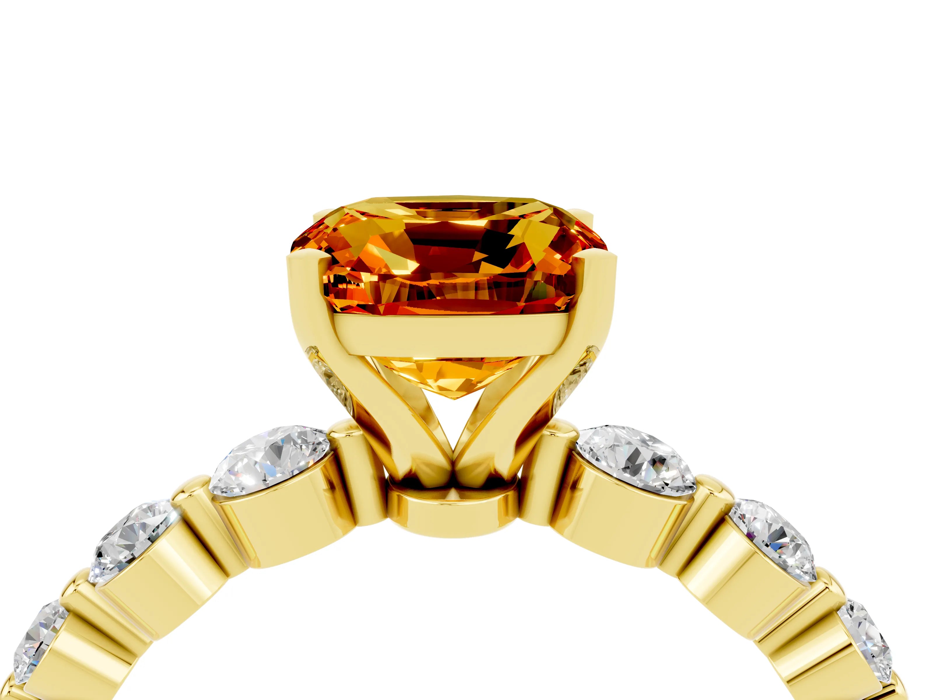 Yellow gold Cushion Cut Solitaire Citrine Ring with Pave Band and Four-Prong Setting_4