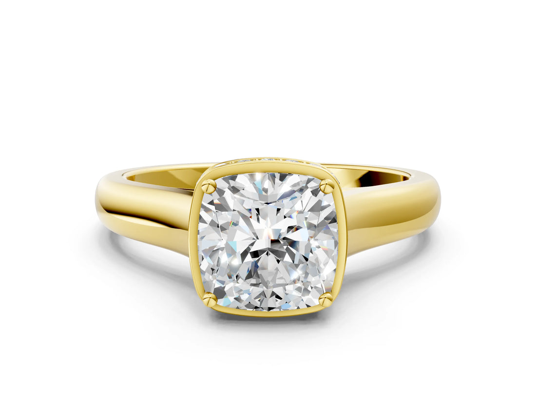 Yellow gold Cushion Cut Solitaire Diamond Engagement Ring with Four-Prong Setting and Tapered Band_7