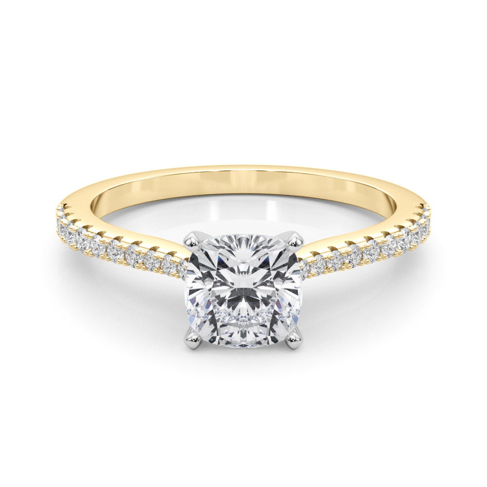 Yellow gold Cushion Cut Solitaire Diamond Engagement Ring with Pave Band and Four-Prong Setting 1