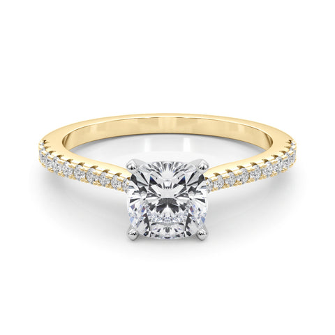 Yellow gold Cushion Cut Solitaire Diamond Engagement Ring with Pave Band and Four-Prong Setting 1