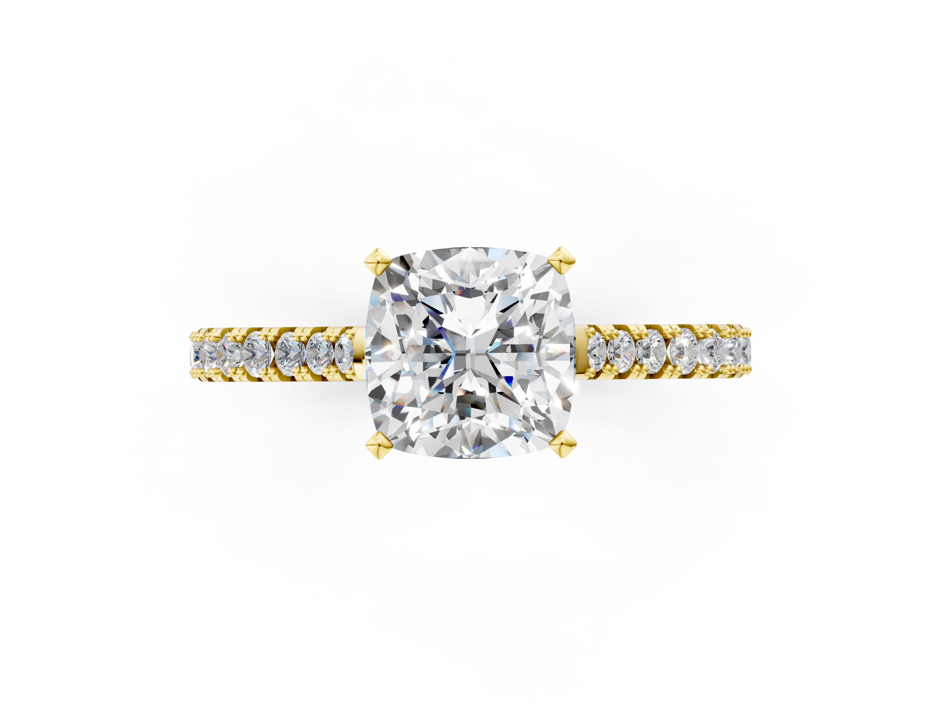 Yellow gold Cushion Cut Solitaire Diamond Engagement Ring with Pave Band and Four-Prong Setting_144