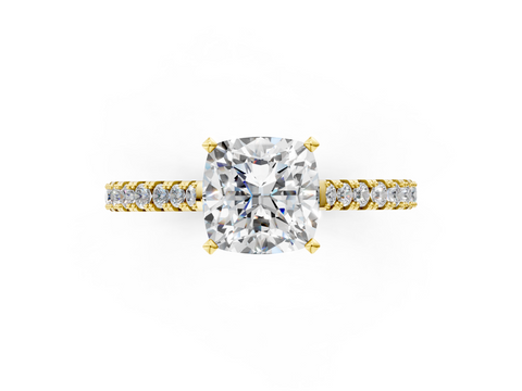 Yellow gold Cushion Cut Solitaire Diamond Engagement Ring with Pave Band and Four-Prong Setting_144