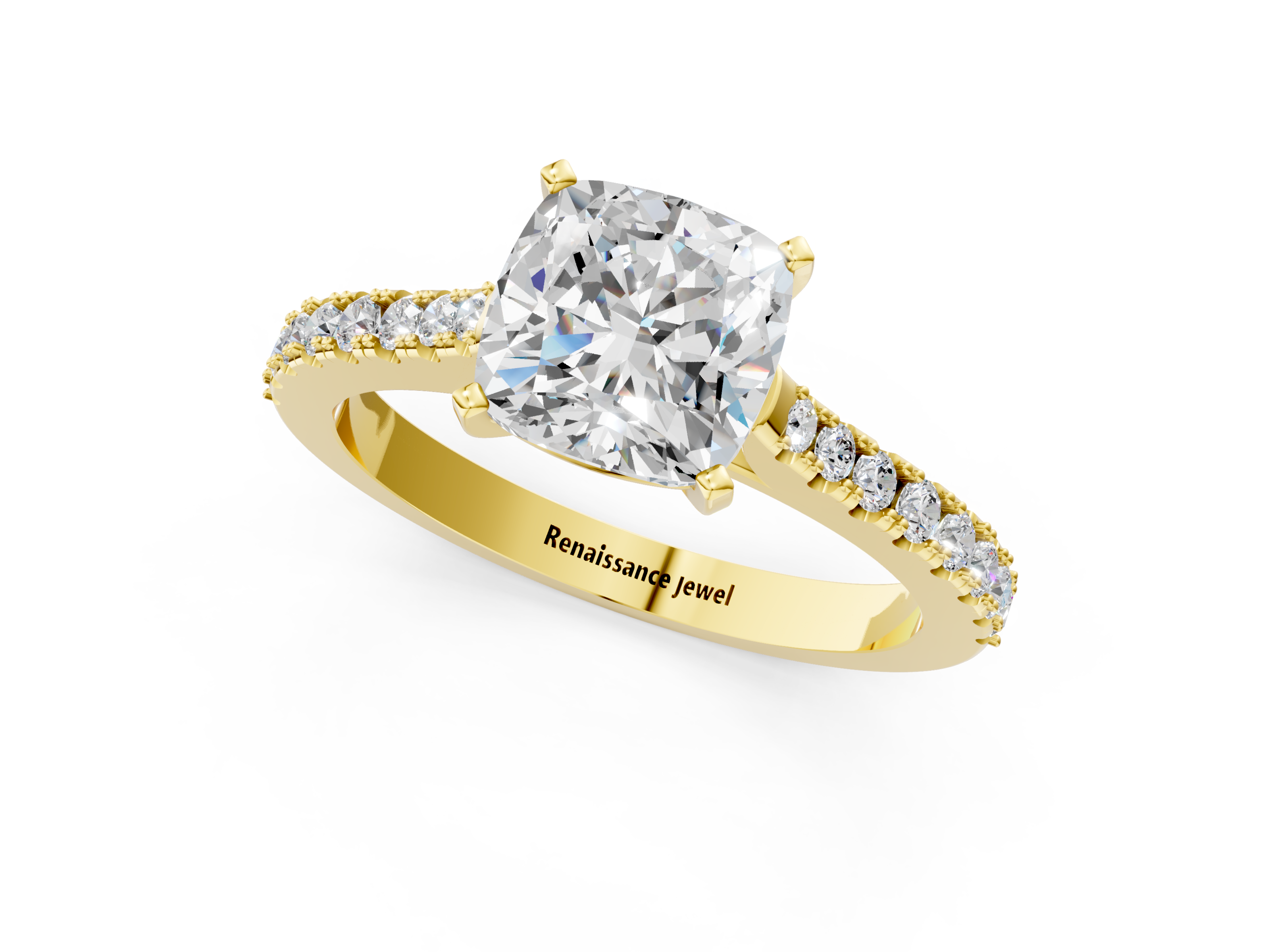 Yellow gold Cushion Cut Solitaire Diamond Engagement Ring with Pave Band and Four-Prong Setting_145