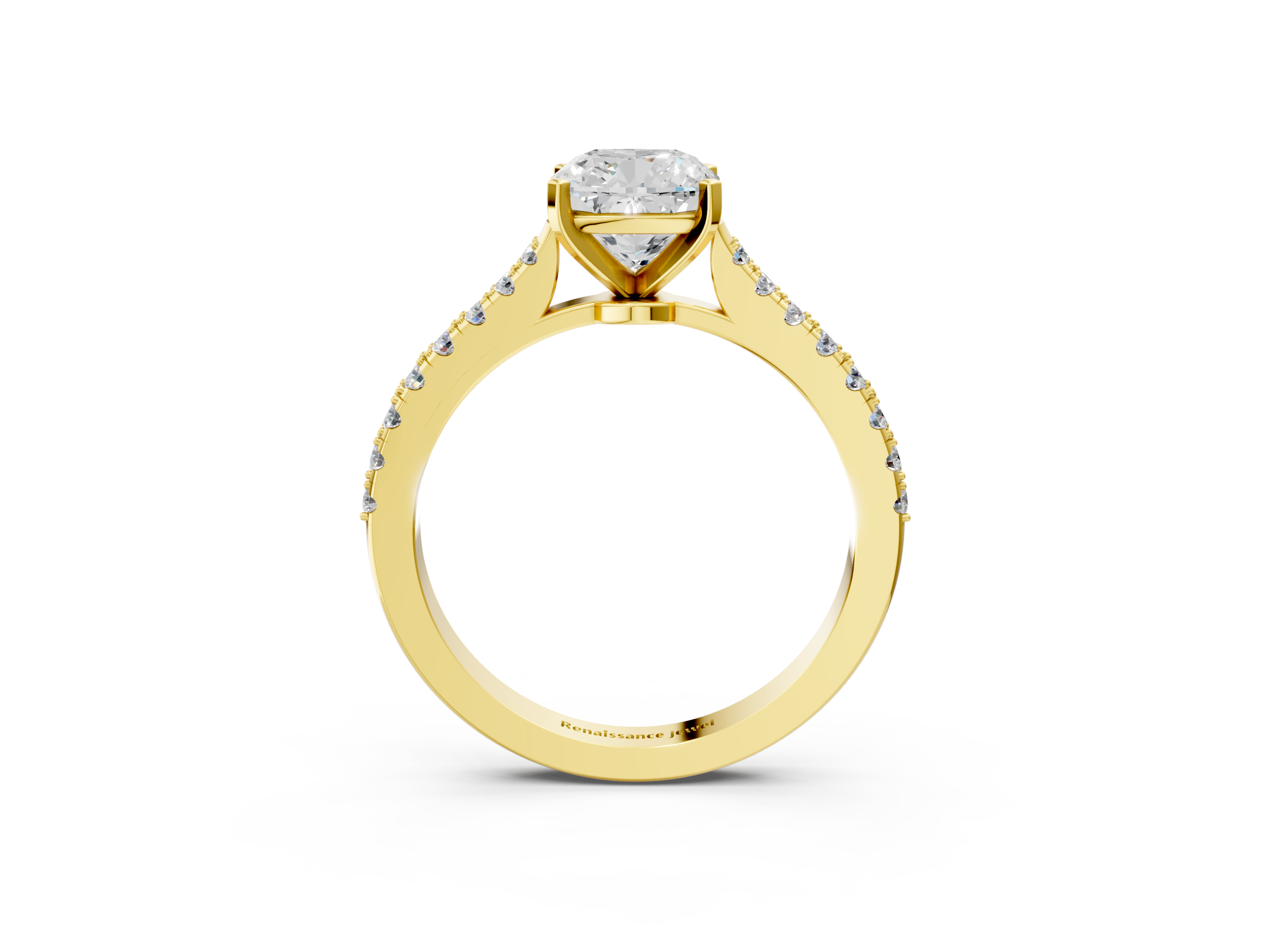 Yellow gold Cushion Cut Solitaire Diamond Engagement Ring with Pave Band and Four-Prong Setting_147