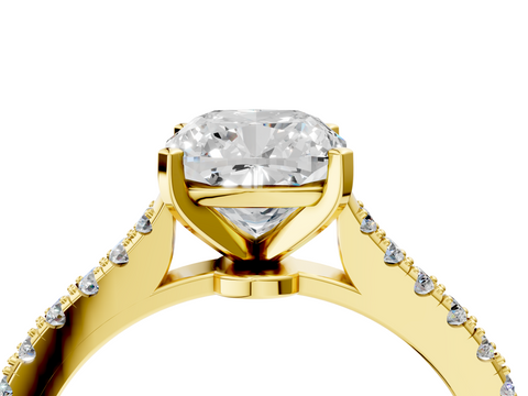 Yellow gold Cushion Cut Solitaire Diamond Engagement Ring with Pave Band and Four-Prong Setting_148