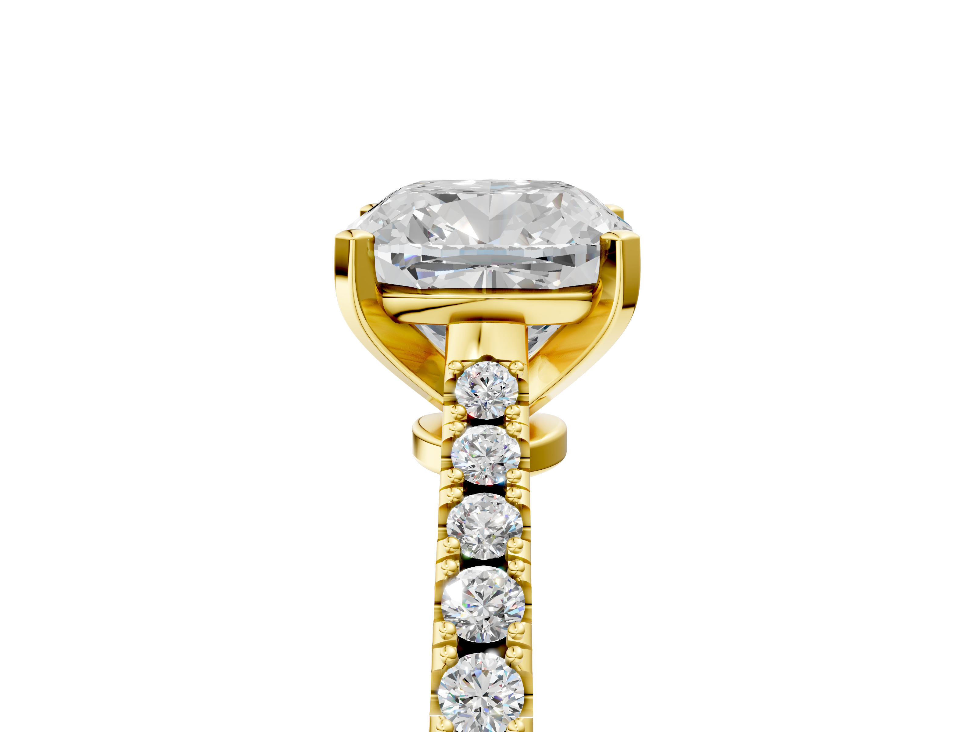 Yellow gold Cushion Cut Solitaire Diamond Engagement Ring with Pave Band and Four-Prong Setting_149