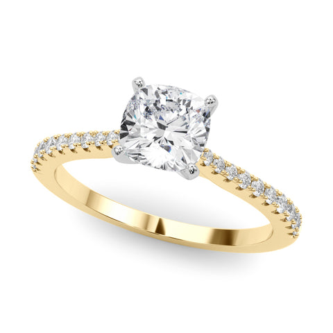 Yellow gold Cushion Cut Solitaire Diamond Engagement Ring with Pave Band and Four-Prong Setting