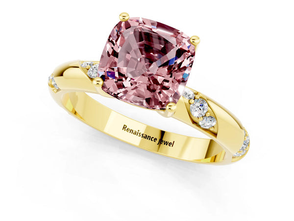 Yellow gold Cushion Cut Solitaire Diamond Engagement Ring with Twisted Pave Band and Four-Prong Setting