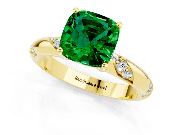 Yellow gold Cushion Cut Emerald Solitaire Engagement Ring with Twisted Round  Accent Band and Prong Setting
