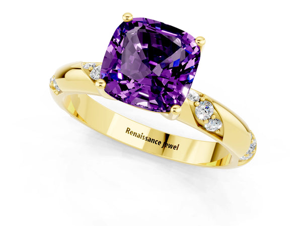 Yellow gold Cushion Cut Amethyst Solitaire Engagement Ring with Twisted Round  Accent Band and Prong Setting