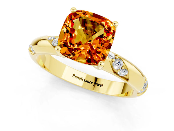 Yellow gold Cushion Cut Citrine Solitaire Engagement Ring with Twisted Round  Accent Band and Prong Setting