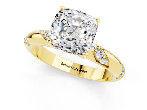 Yellow gold Cushion Cut Moissanite Solitaire Engagement Ring with Twisted Round  Accent Band and Prong Setting