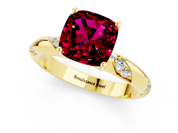 Yellow gold Cushion Cut Garnet Solitaire Engagement Ring with Twisted Round  Accent Band and Prong Setting