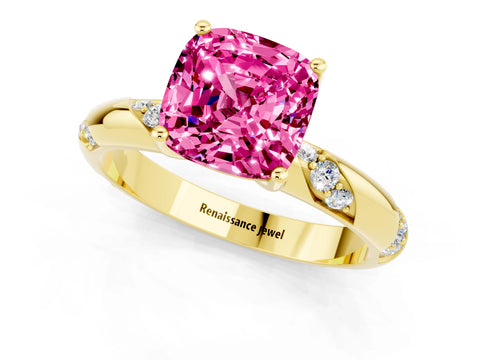 Yellow gold Cushion Cut Solitaire Diamond Engagement Ring with Twisted Pave Band and Four-Prong Setting_1