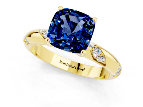 Yellow gold Cushion Cut Solitaire Diamond Engagement Ring with Twisted Pave Band and Four-Prong Setting_1