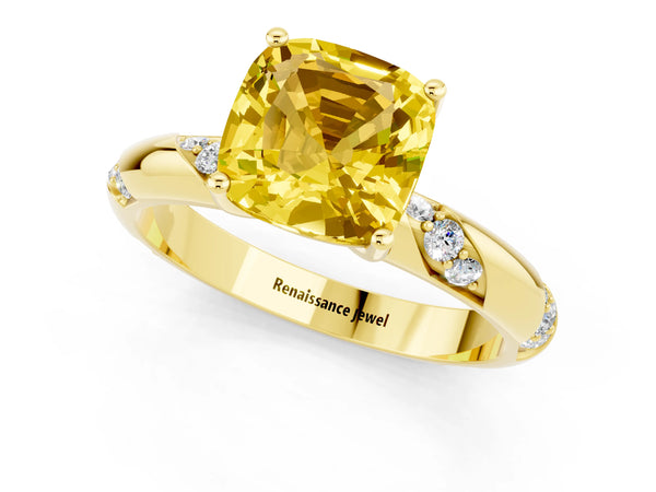 Yellow gold Cushion Cut Yellow Sapphire Solitaire Engagement Ring with Twisted Round  Accent Band and Prong Setting