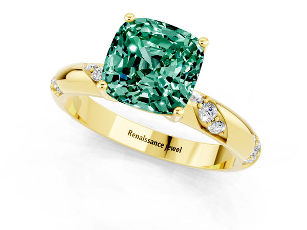 Yellow gold Cushion Cut Green Sapphire Solitaire Engagement Ring with Twisted Round  Accent Band and Prong Setting