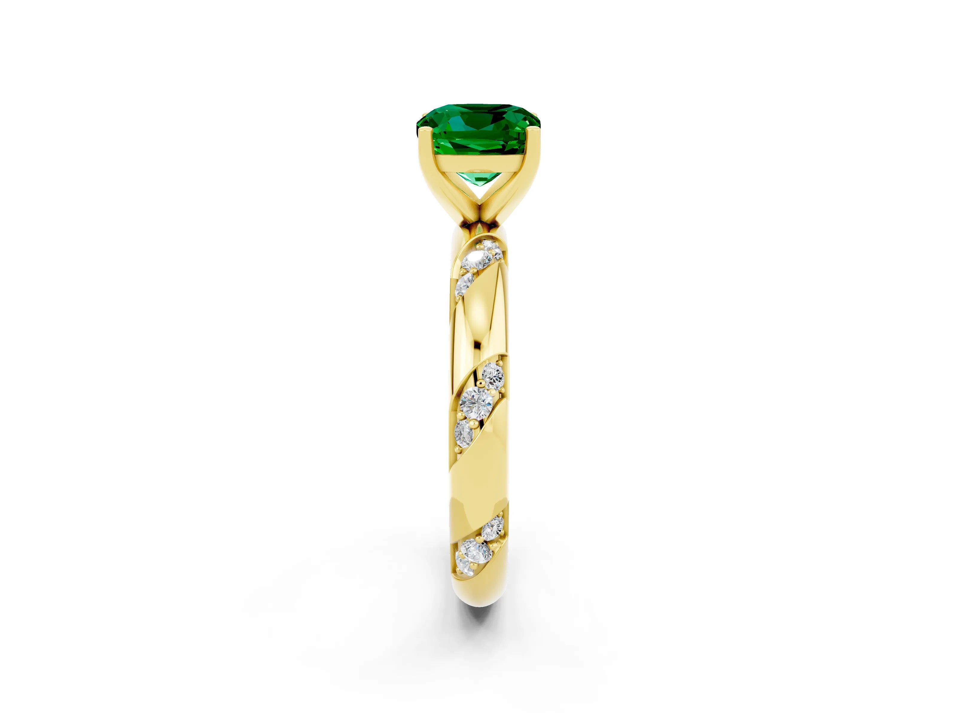Yellow gold Cushion Cut Solitaire Diamond Engagement Ring with Twisted Pave Band and Four-Prong Setting_2