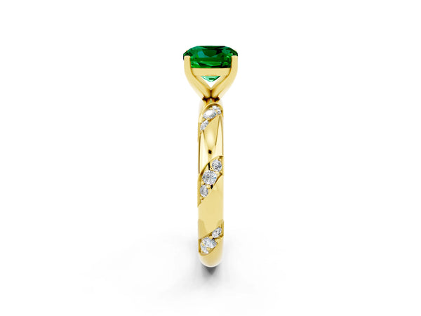Yellow gold Cushion Cut Emerald Solitaire Engagement Ring with Twisted Round  Accent Band and Prong Setting