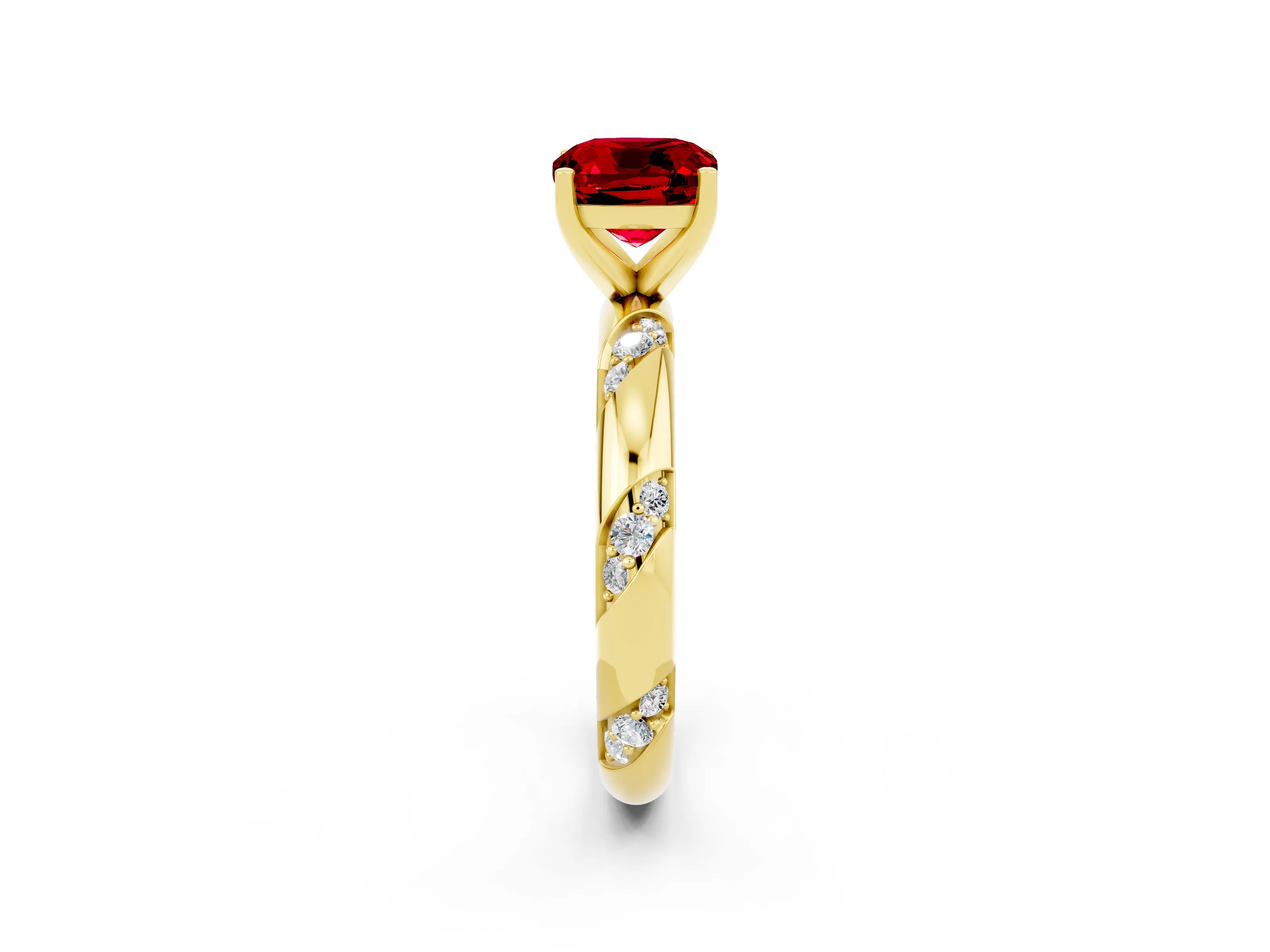 Yellow gold Cushion Cut Solitaire Diamond Engagement Ring with Twisted Pave Band and Four-Prong Setting_2