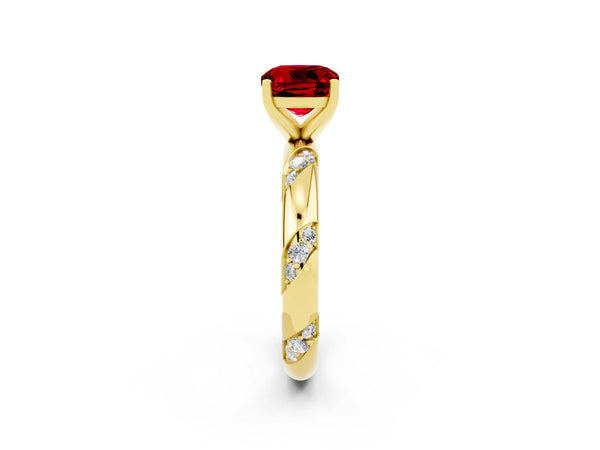 Yellow gold Cushion Cut Ruby Solitaire Engagement Ring with Twisted Round  Accent Band and Prong Setting