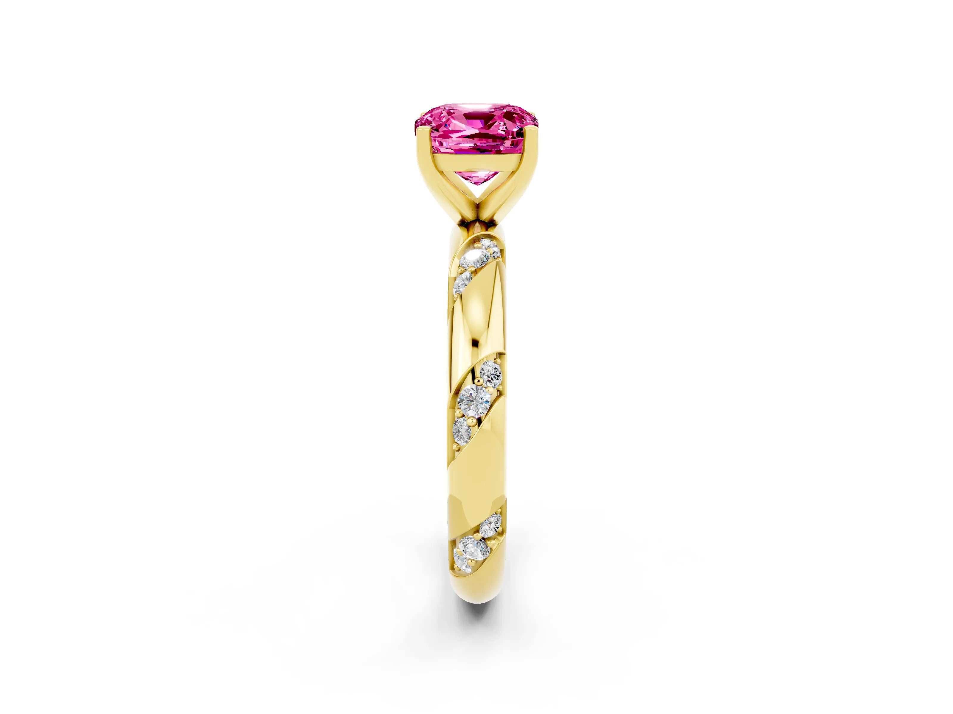 Yellow gold Cushion Cut Solitaire Diamond Engagement Ring with Twisted Pave Band and Four-Prong Setting_2