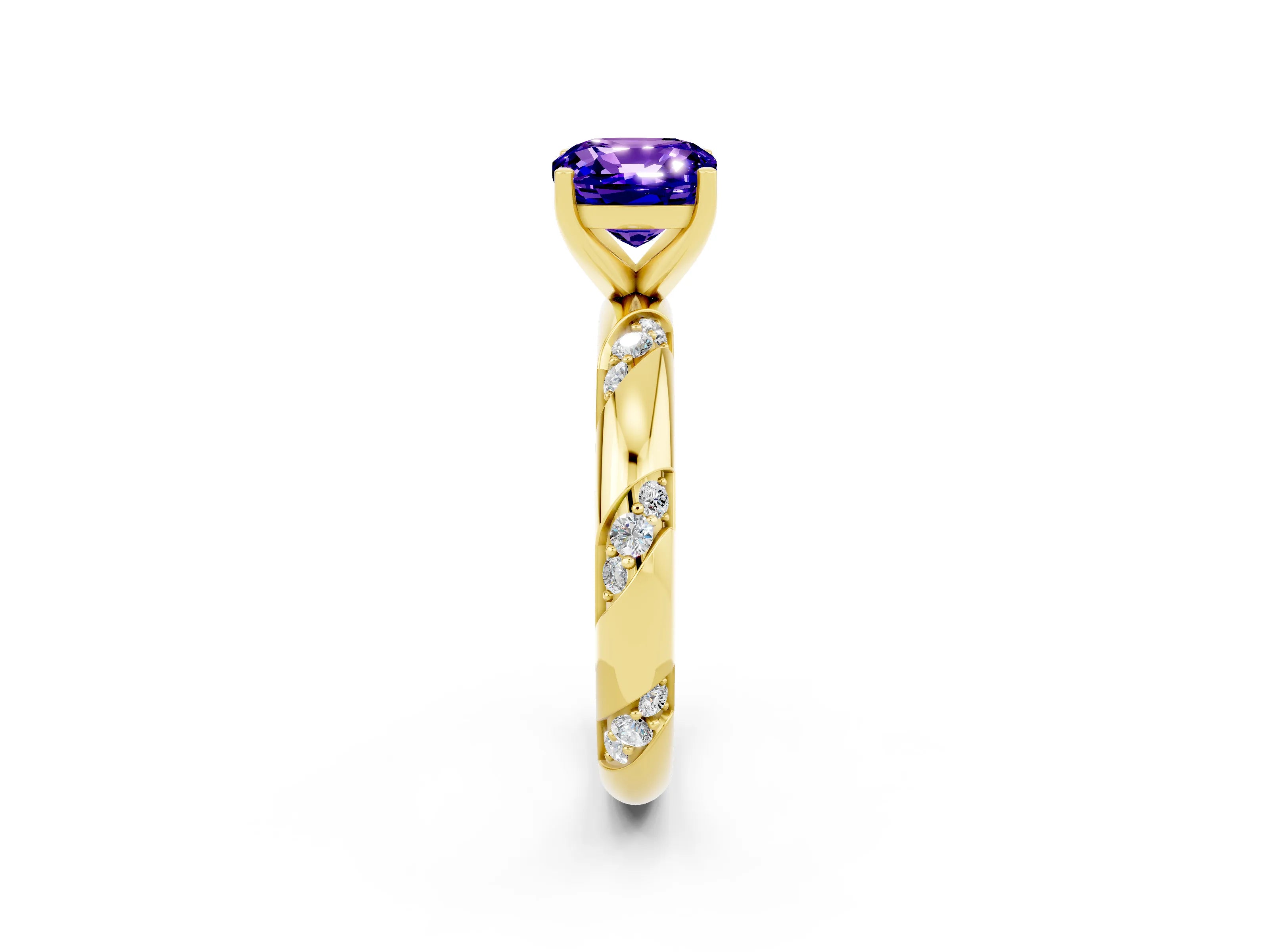 Yellow gold Cushion Cut Solitaire Diamond Engagement Ring with Twisted Pave Band and Four-Prong Setting_2
