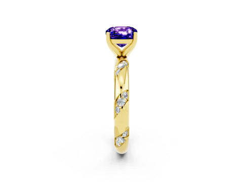 Yellow gold Cushion Cut Solitaire Diamond Engagement Ring with Twisted Pave Band and Four-Prong Setting_2
