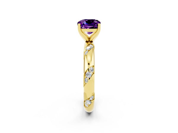 Yellow gold Cushion Cut Amethyst Solitaire Engagement Ring with Twisted Round  Accent Band and Prong Setting